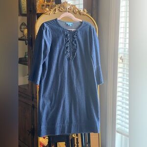 Draper James 100% Cotton Dark Chambray Ruffle Shift Dress.